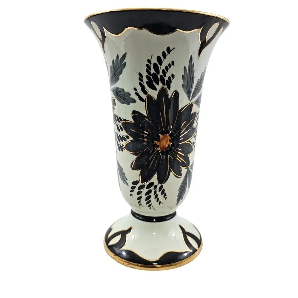 Tody Floral Pattern Gold Rim 8.5” Hand Painted Vase – Made in Holland – 3/4085